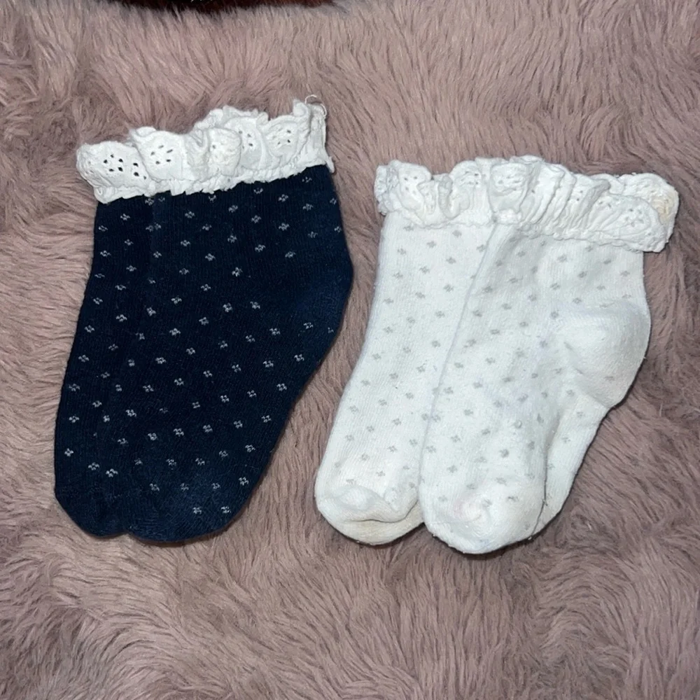 Set of 2 little kids ruffle eyelet lace socks navy blue and white w/ polka dots